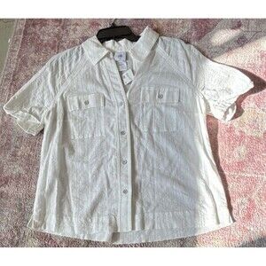 cabi Women's White Collared Short Sleeve Button Front Shirt 100% Cotton Size M